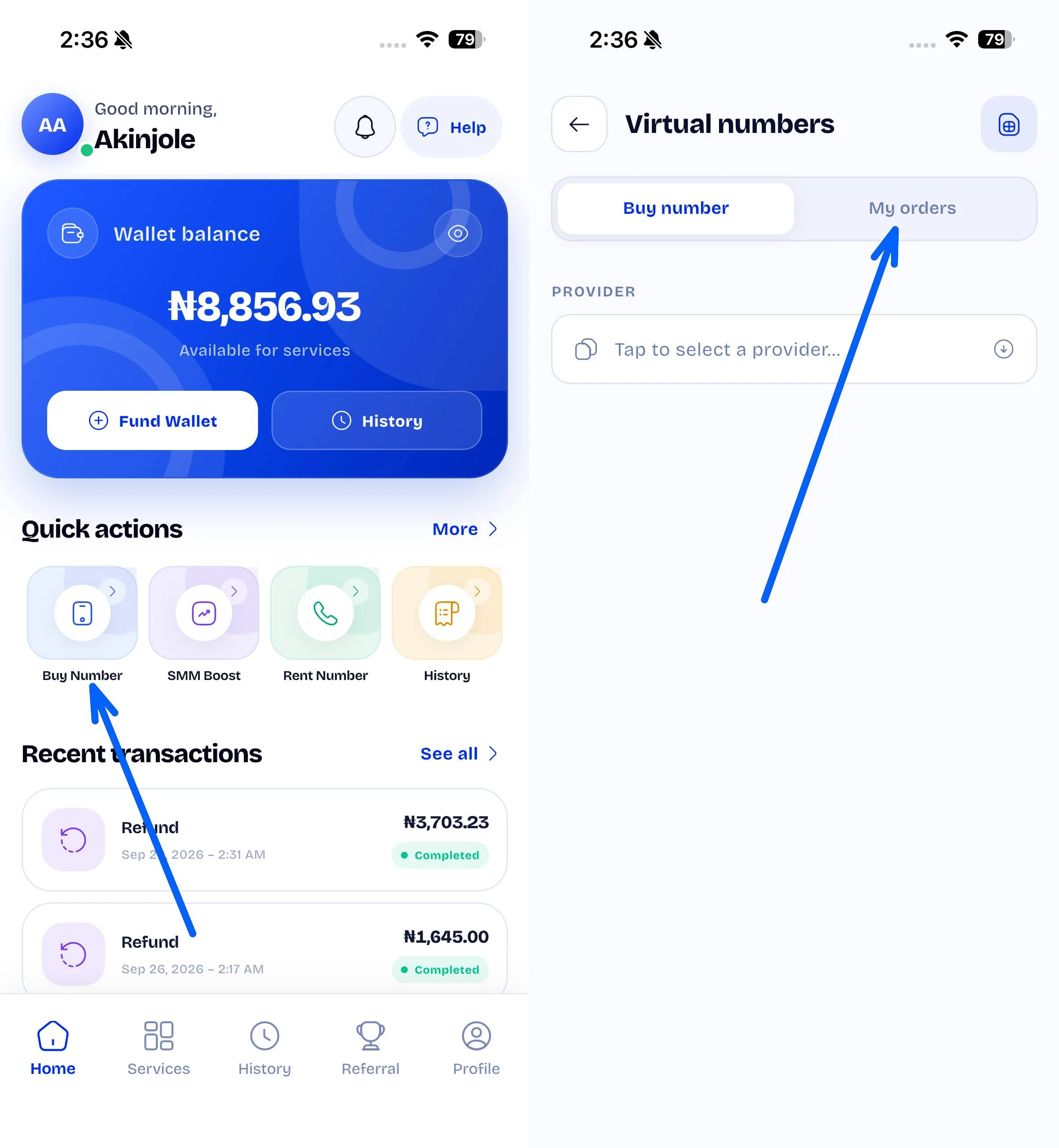 Primex Buy Number page with the Orders tab selected and an active number order showing the Cancel button.